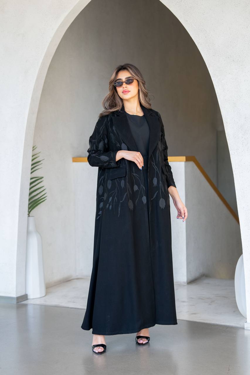 Black blazer abaya with embroidery. C:385