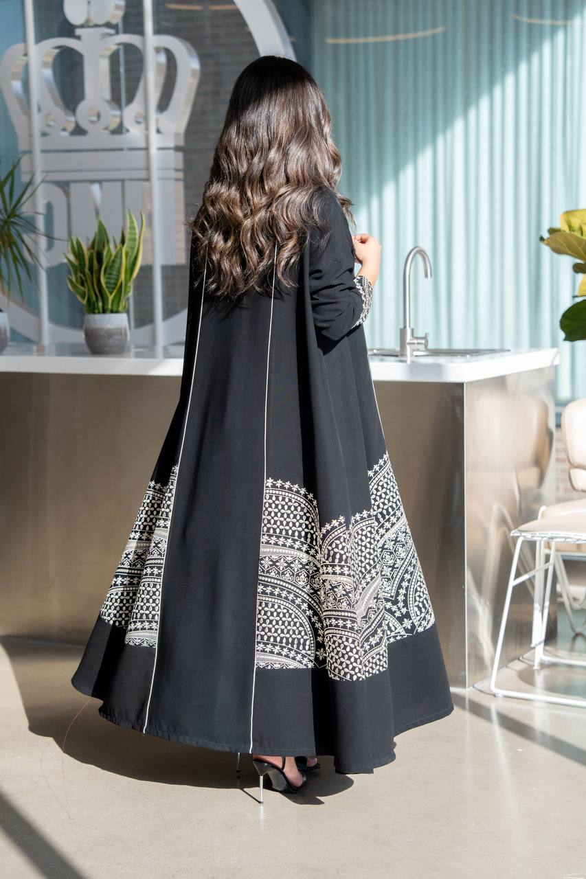 Black crepe abaya with white embroidery. C:384