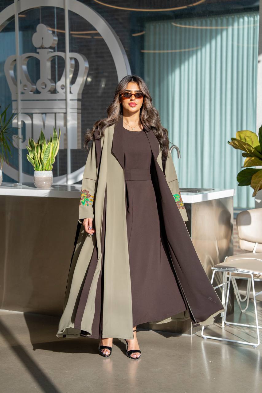 Olive green crepe abaya with hand-stitched details. C:386