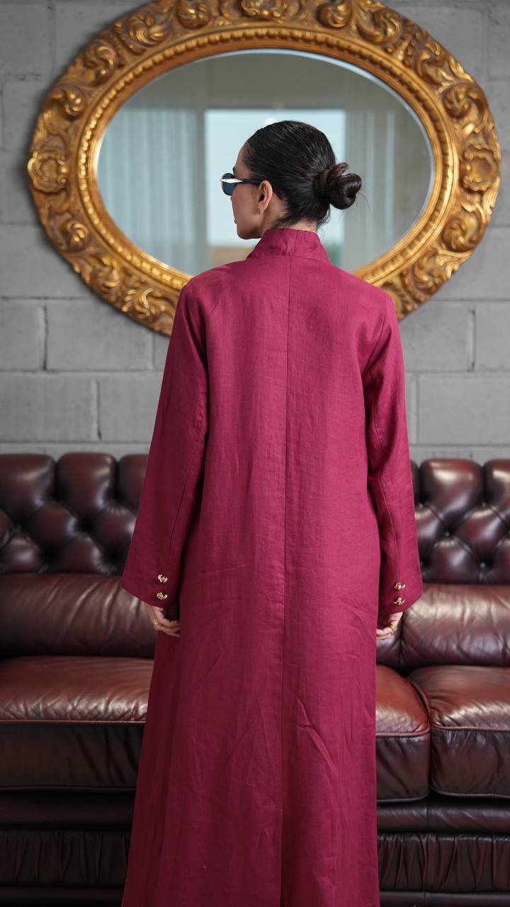 Burgundy linen trench coat. C:393