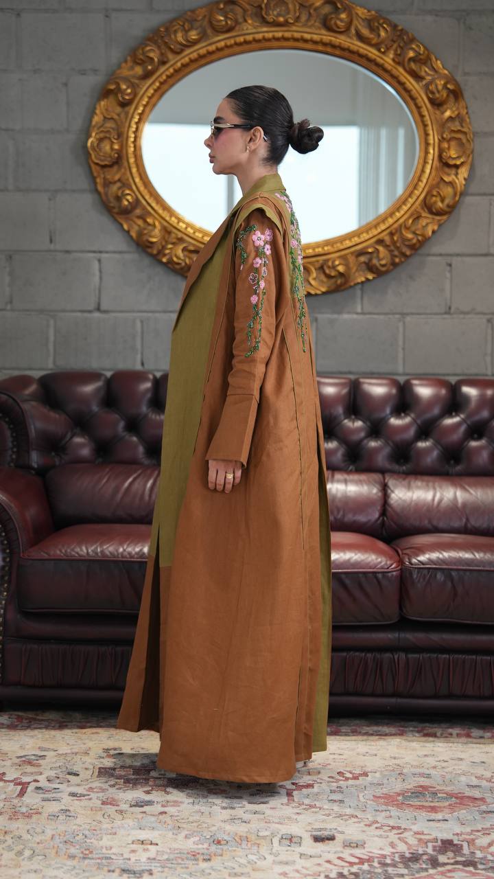 Camel-colored linen blazer abaya with hand-stitched details. C:396