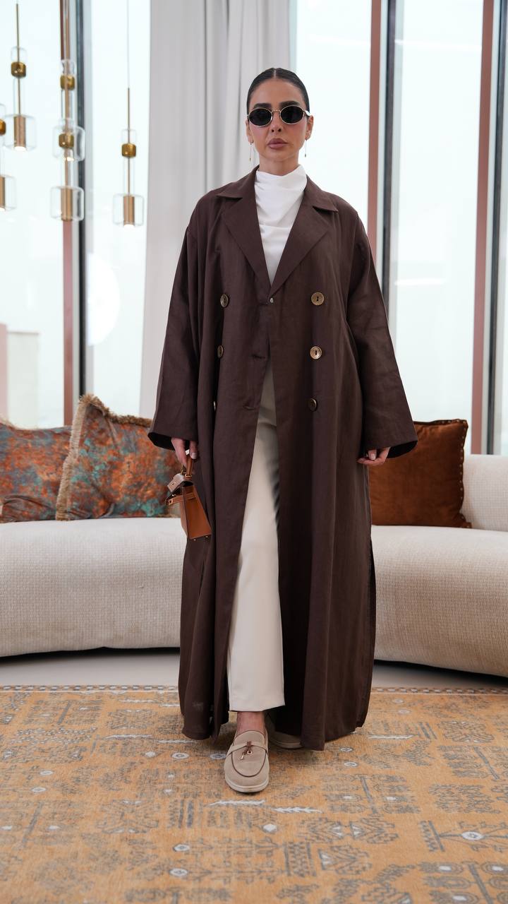 Free size linen trench coat in brown. C:401