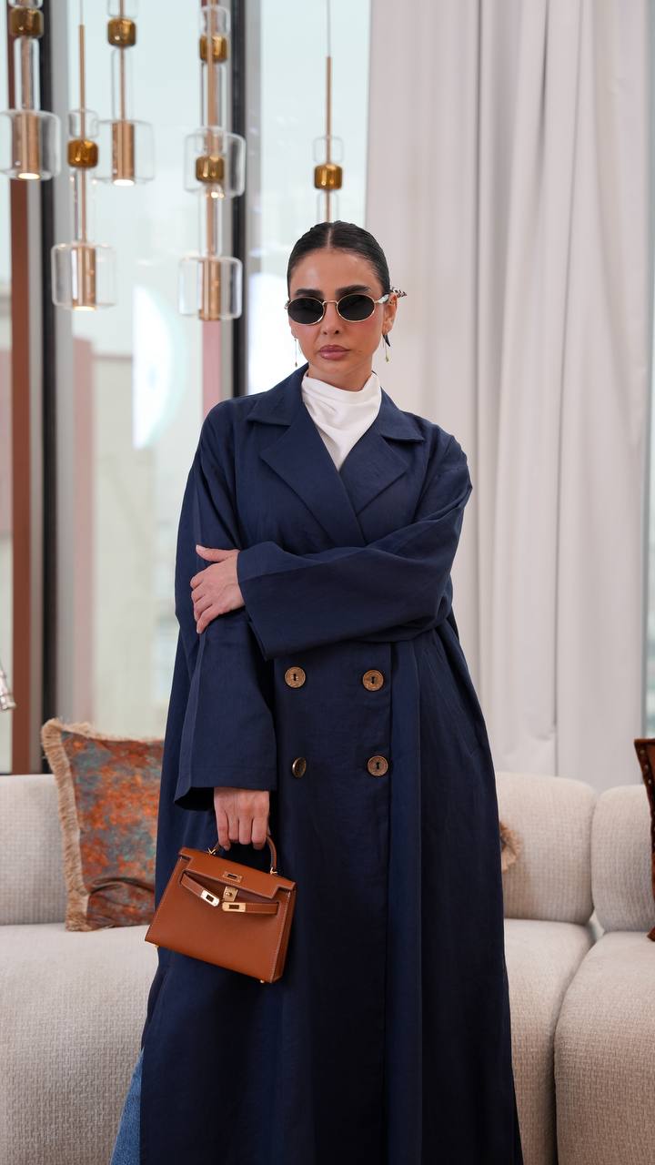 Free size linen trench coat in navy blue. C:401