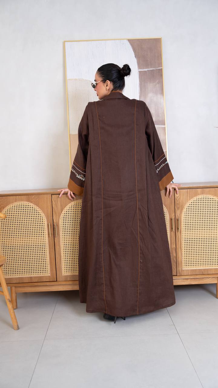 Linen abaya in brown with embroidery.C:404