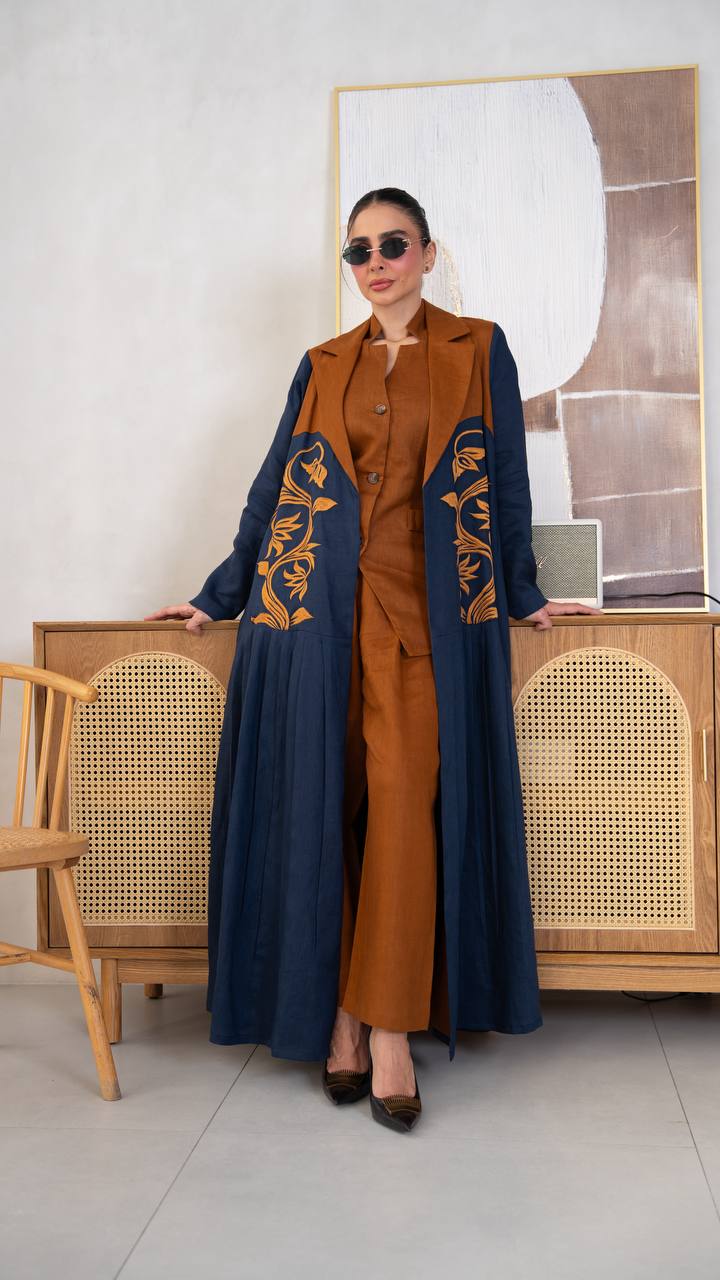 Linen abaya in navy blue with embroidery. C:405