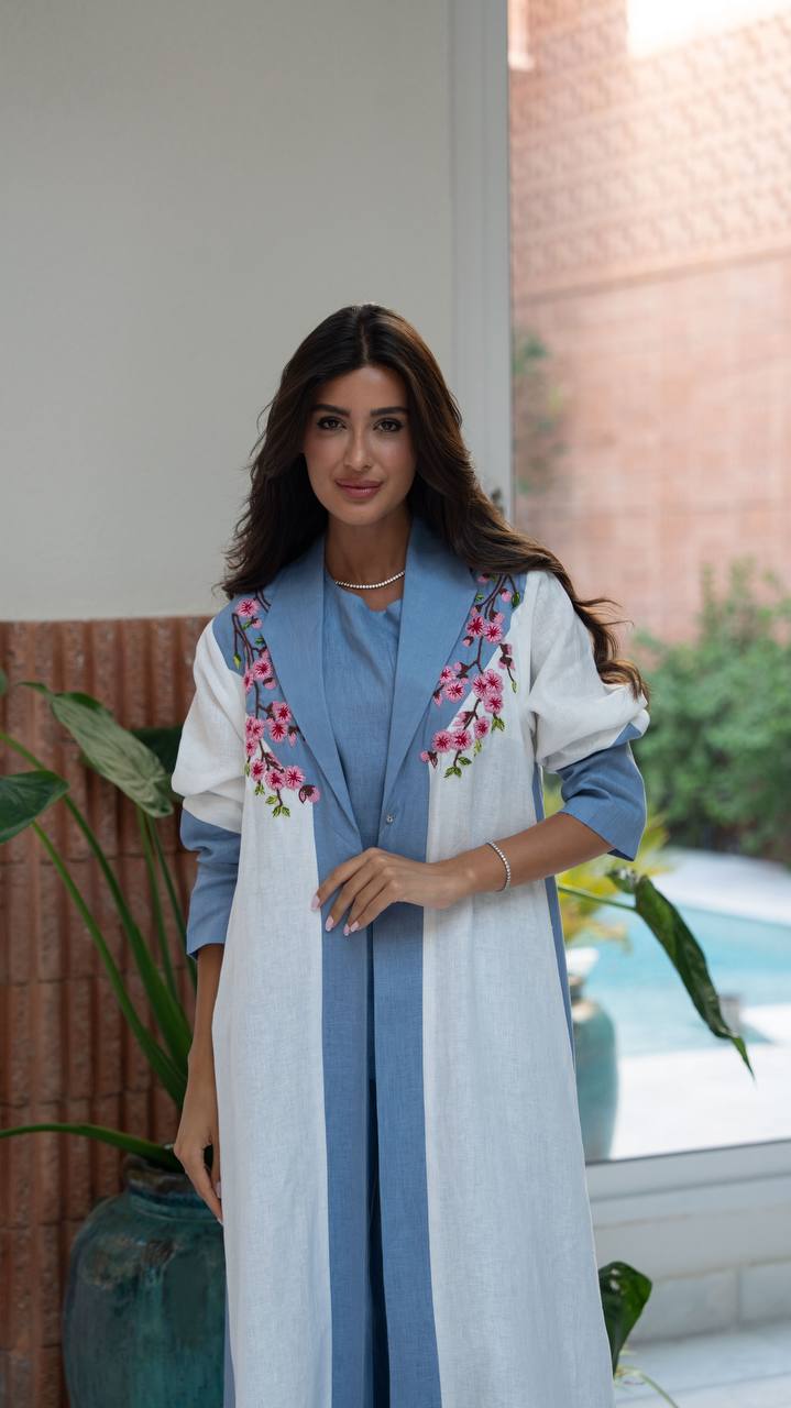 Blue and white linen blazer abaya with embroidery. C:407