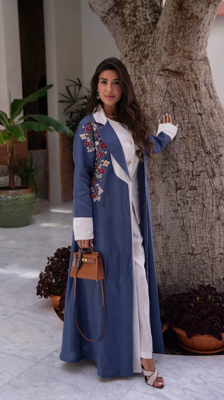 Blue linen blazer abaya with embroidery.C:409