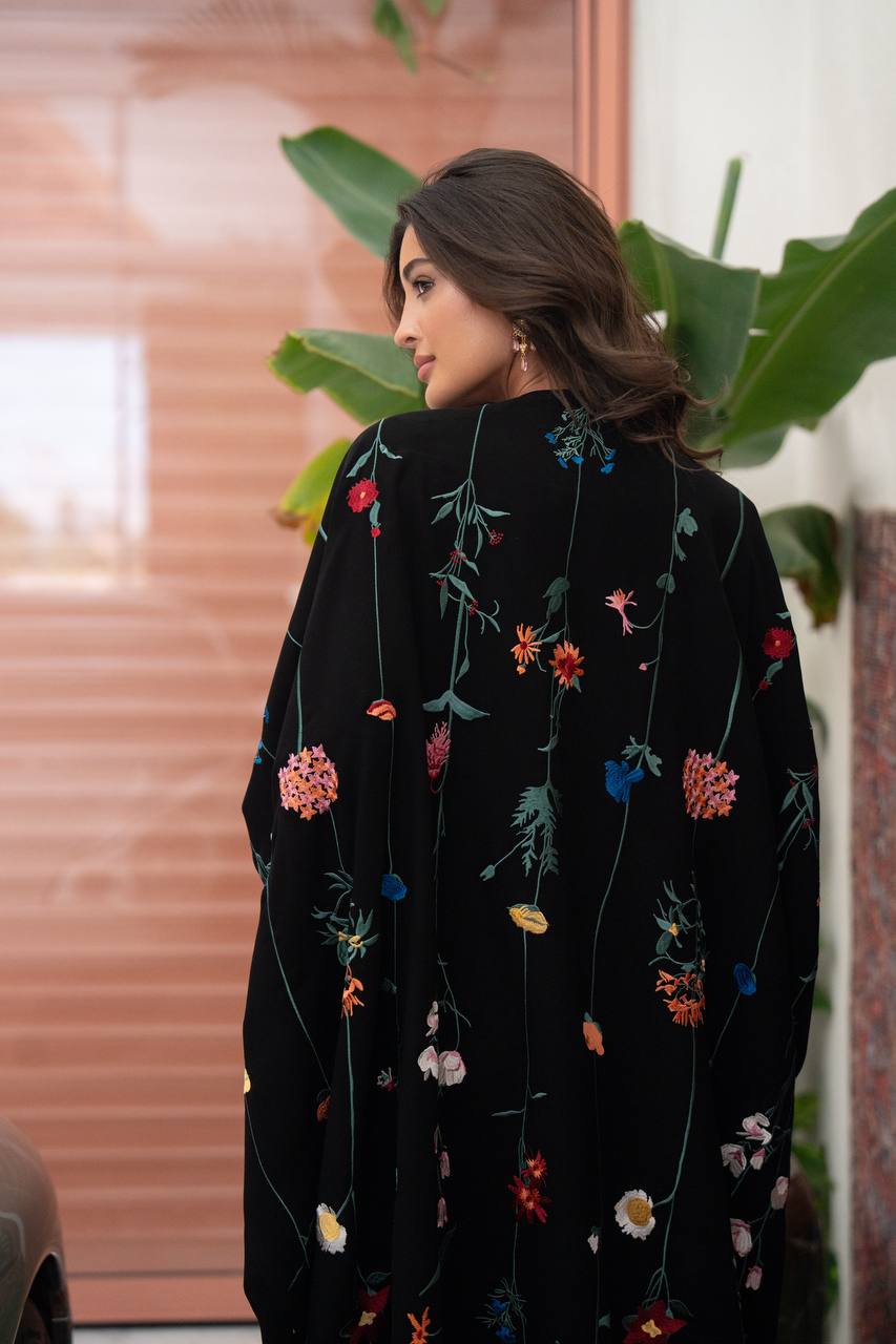 Black linen abaya bisht with embroidery.C:419