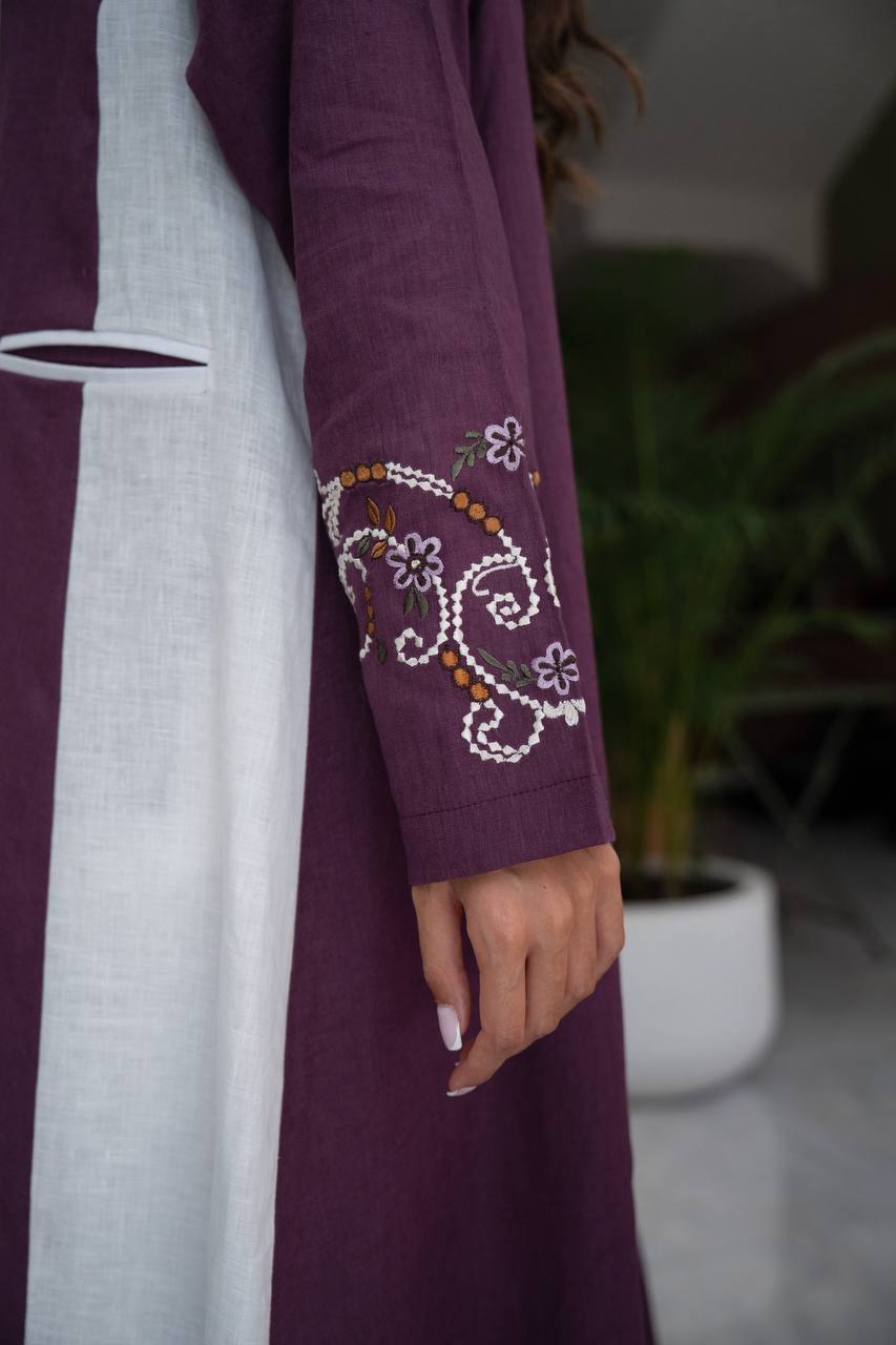 Purple linen blazer abaya with embroidery.C:421