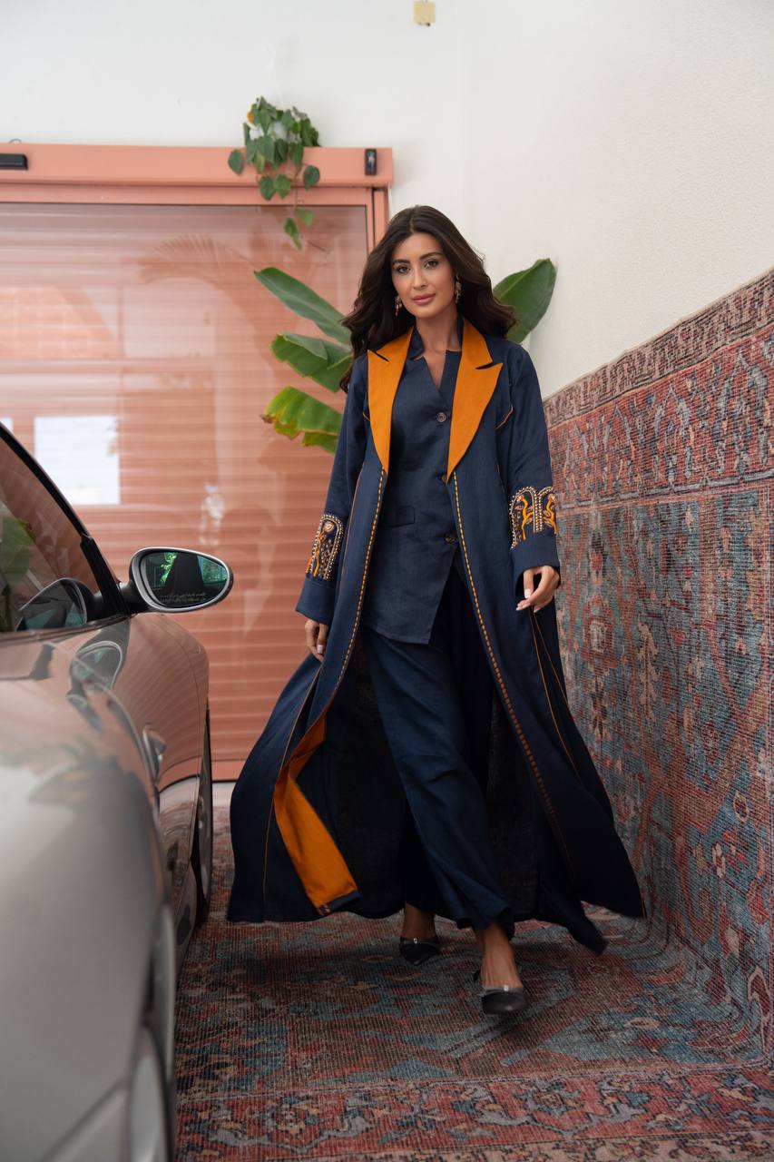 Navy blue linen blazer abaya with hand-stitched details.C:422