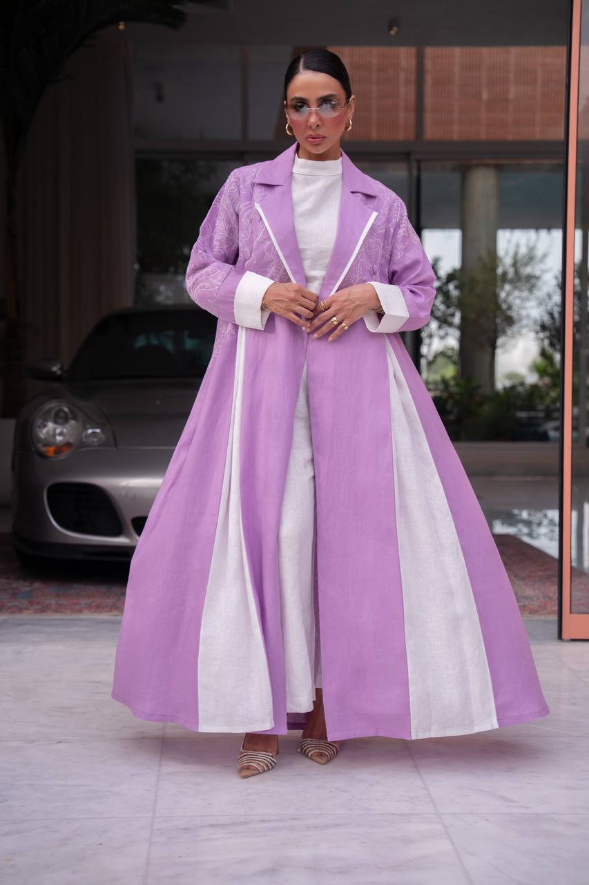 Purple linen blazer abaya with embroidery.C:412