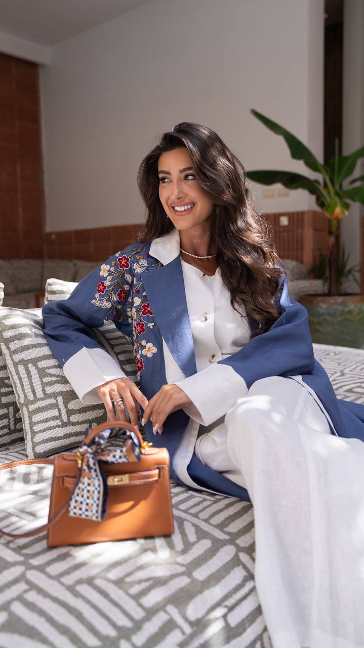 Blue linen blazer abaya with embroidery.C:409