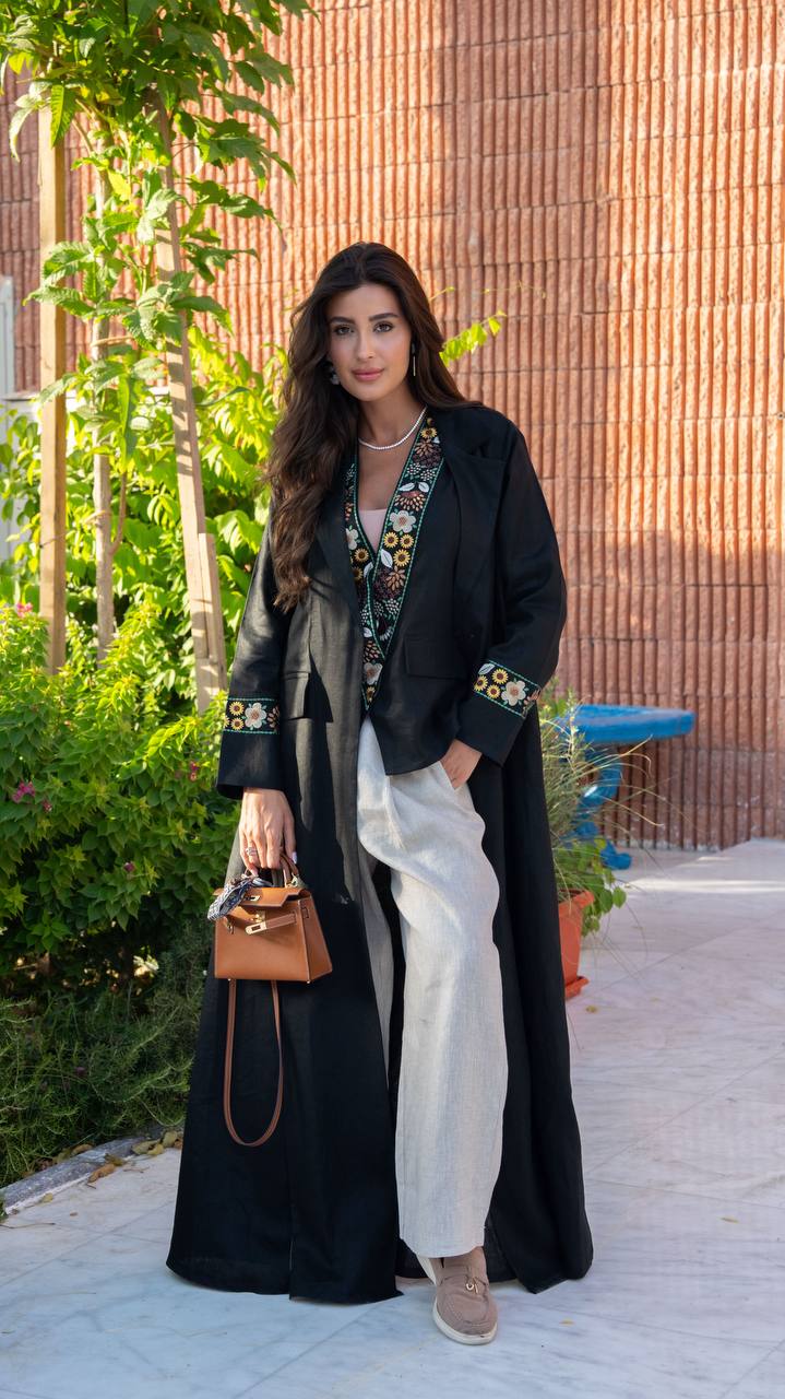 Black linen blazer abaya with embroidery.C:410