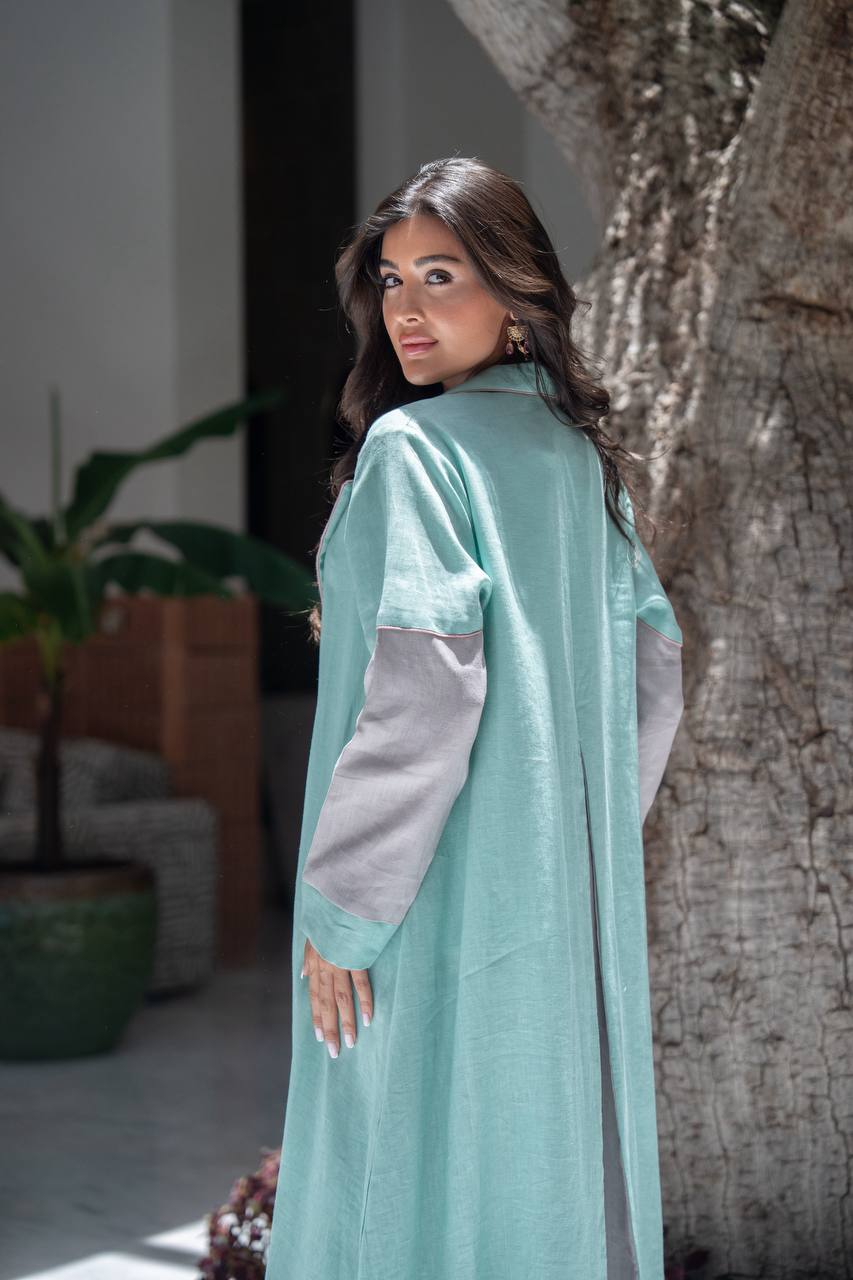 Turquoise linen blazer abaya with embroidery.C:420
