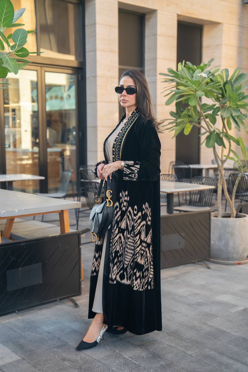 Black velvet abaya with hand embroidery. C:IB359