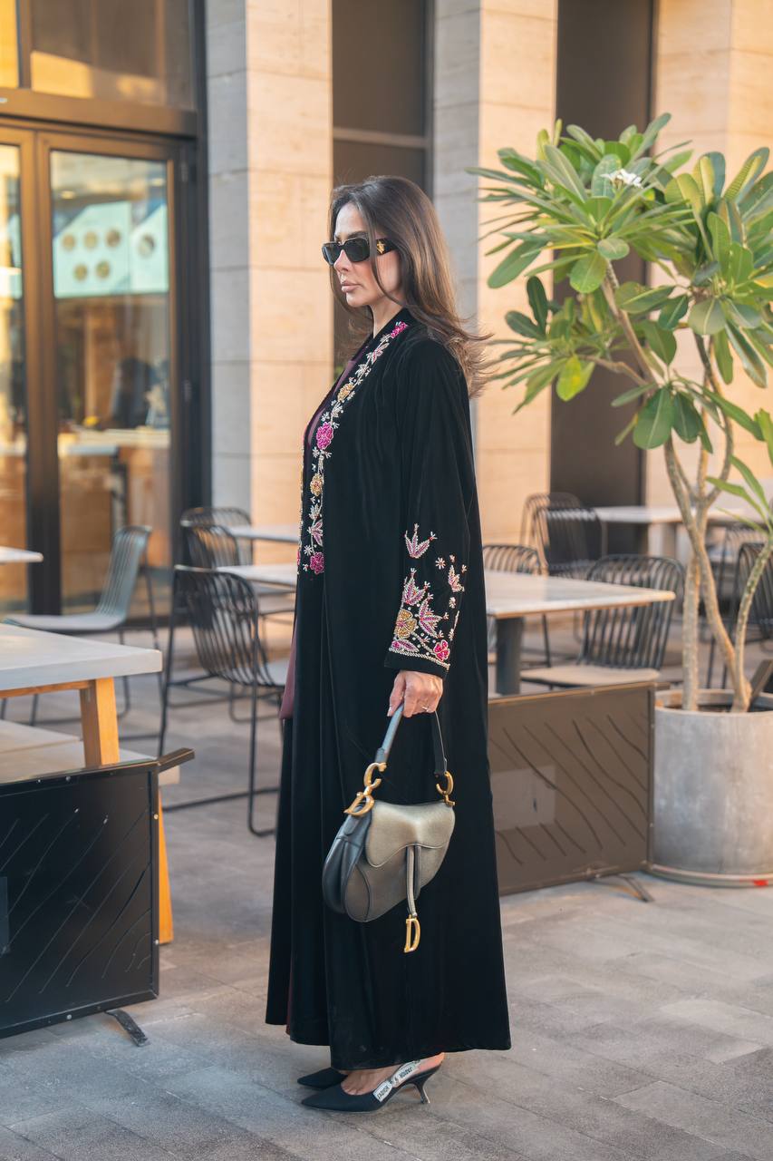 Black velvet abaya with hand embroidery. C:IB360