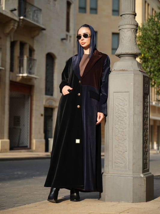 Velvet blazer abaya navy- black . C:IB364