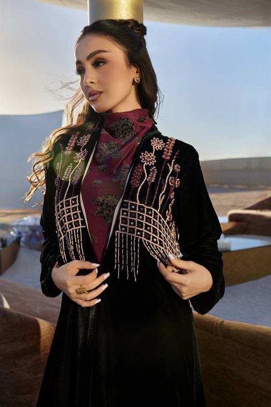 Abaya with dress, black velvet with hand embroidery.C:372