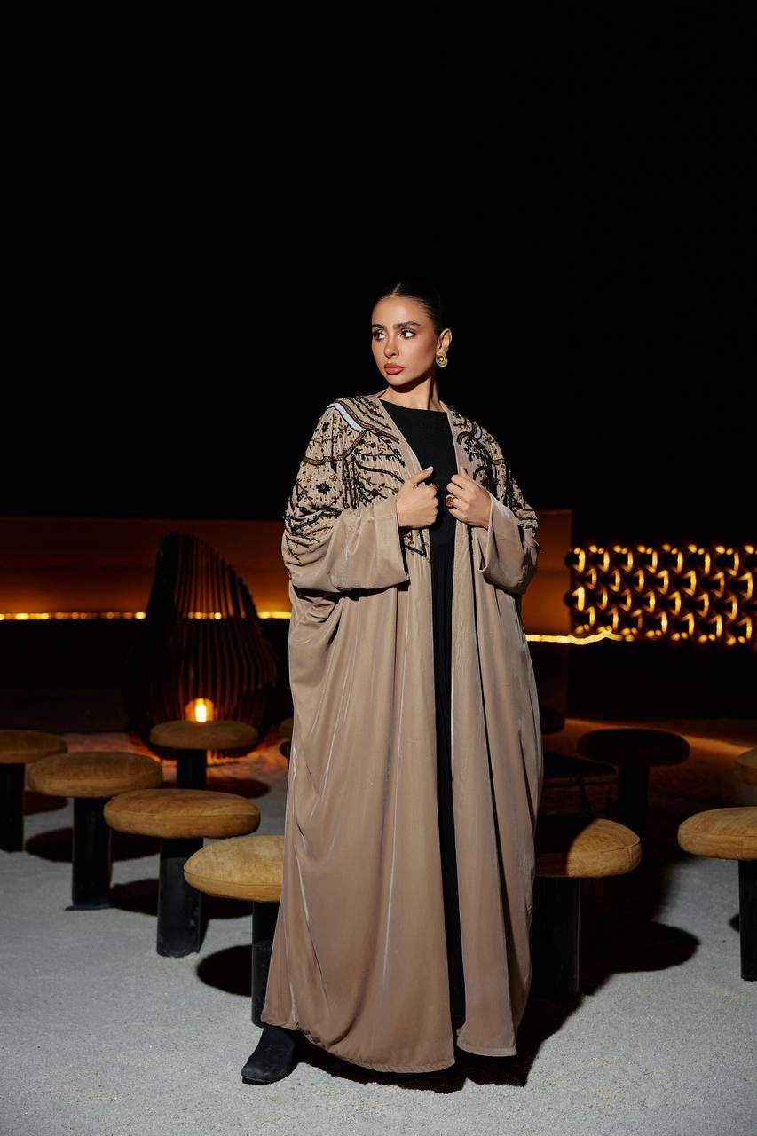 Bisht and dress set, light brown velvet with hand-beading. C:376
