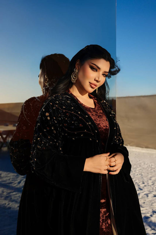 Black velvet bisht abaya with hand-stitched details. C:IB381