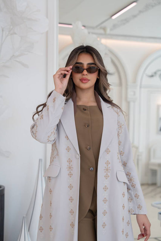 Crepe blazer abaya with beige embroidery. C:382