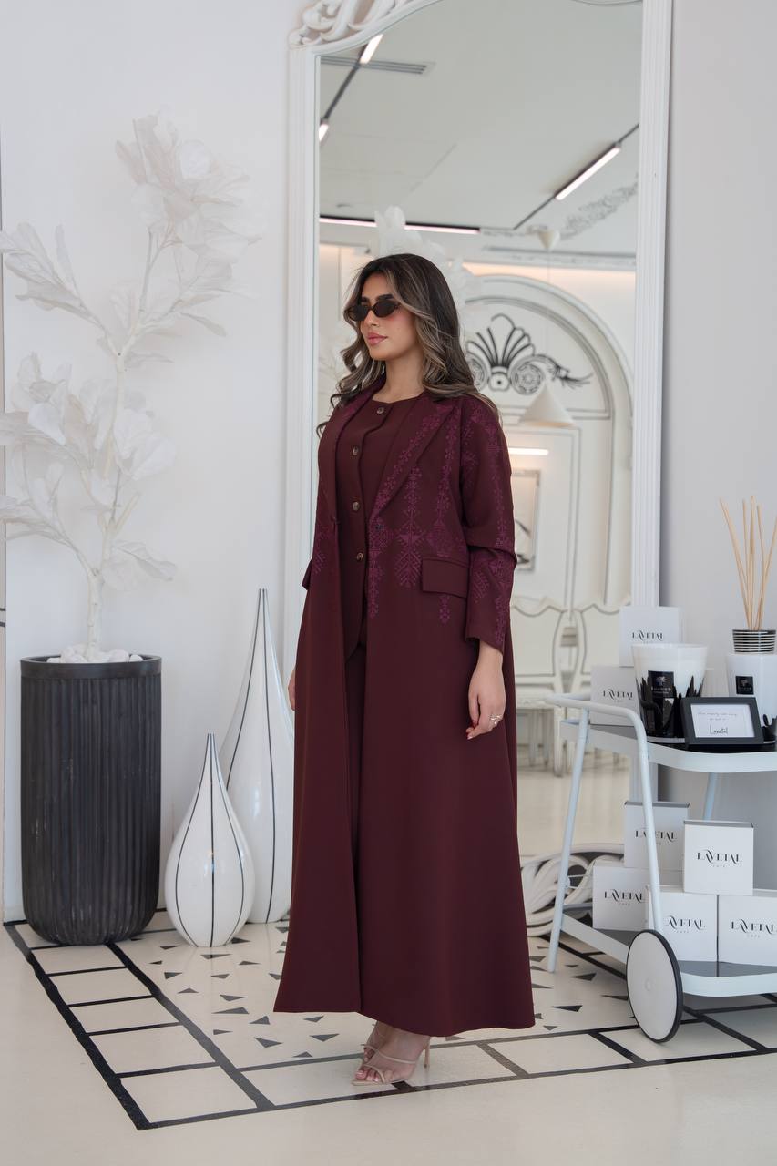 Burgundy crepe blazer abaya with embroidery.C:383