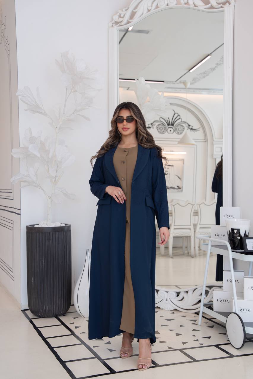 Navy blue crepe blazer abaya with embroidery. C:383 navy