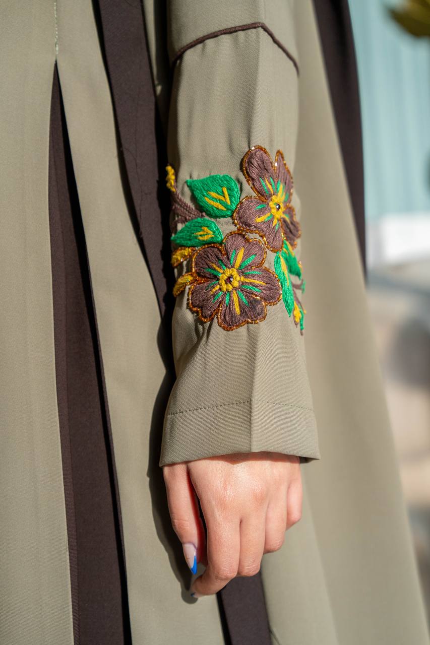 Olive green crepe abaya with hand-stitched details. C:386