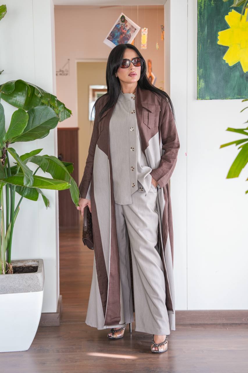 Linen abaya with crepe in brown and beige .C:390