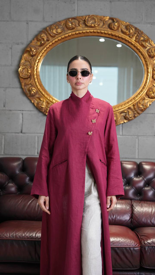 Burgundy linen trench coat. C:393
