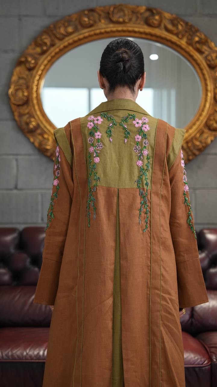 Camel-colored linen blazer abaya with hand-stitched details. C:396