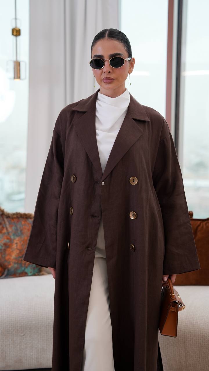 Free size linen trench coat in brown. C:401