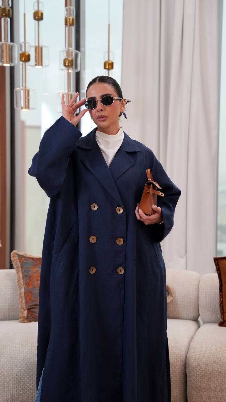 Free size linen trench coat in navy blue. C:401