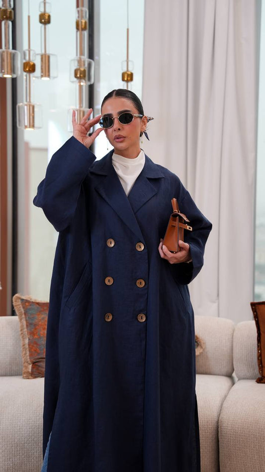 Free size linen trench coat in navy blue. C:401