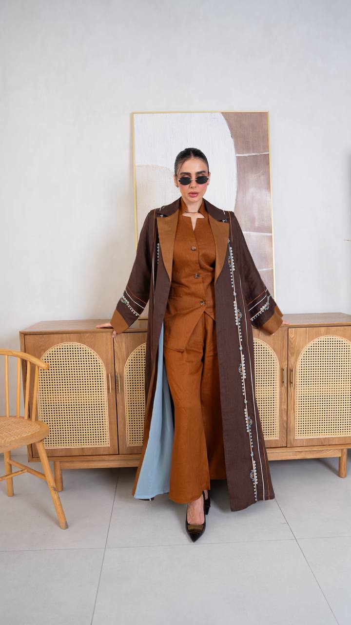 Linen abaya in brown with embroidery.C:404