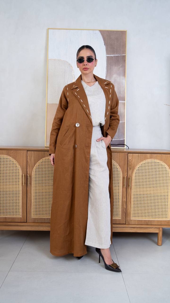 Camel-colored linen blazer abaya with embroidery.C:403