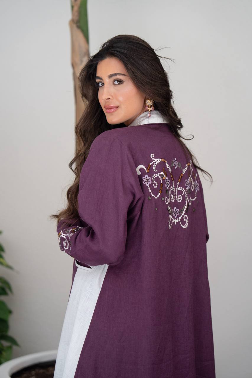 Purple linen blazer abaya with embroidery.C:421