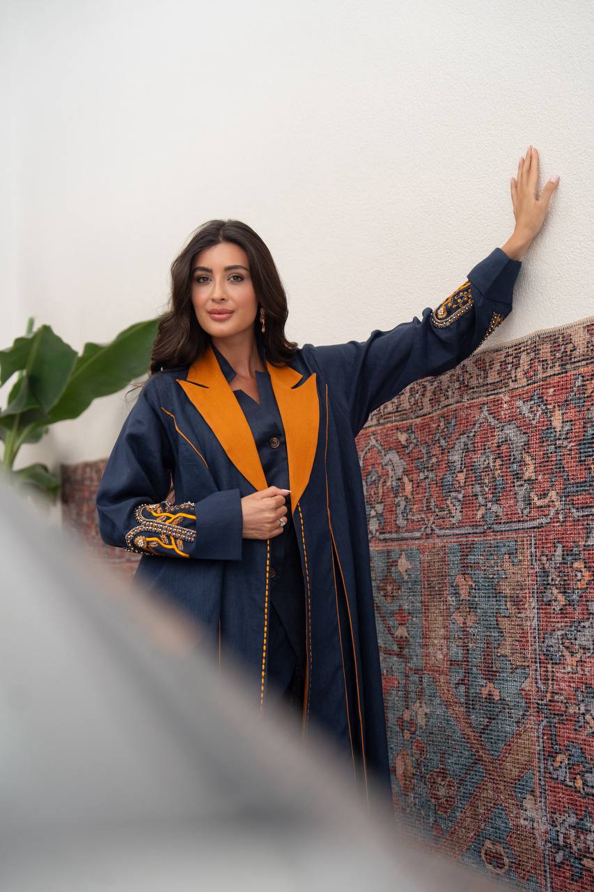 Navy blue linen blazer abaya with hand-stitched details.C:422