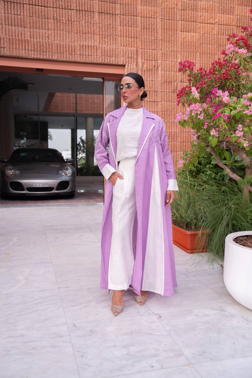 Purple linen blazer abaya with embroidery.C:412