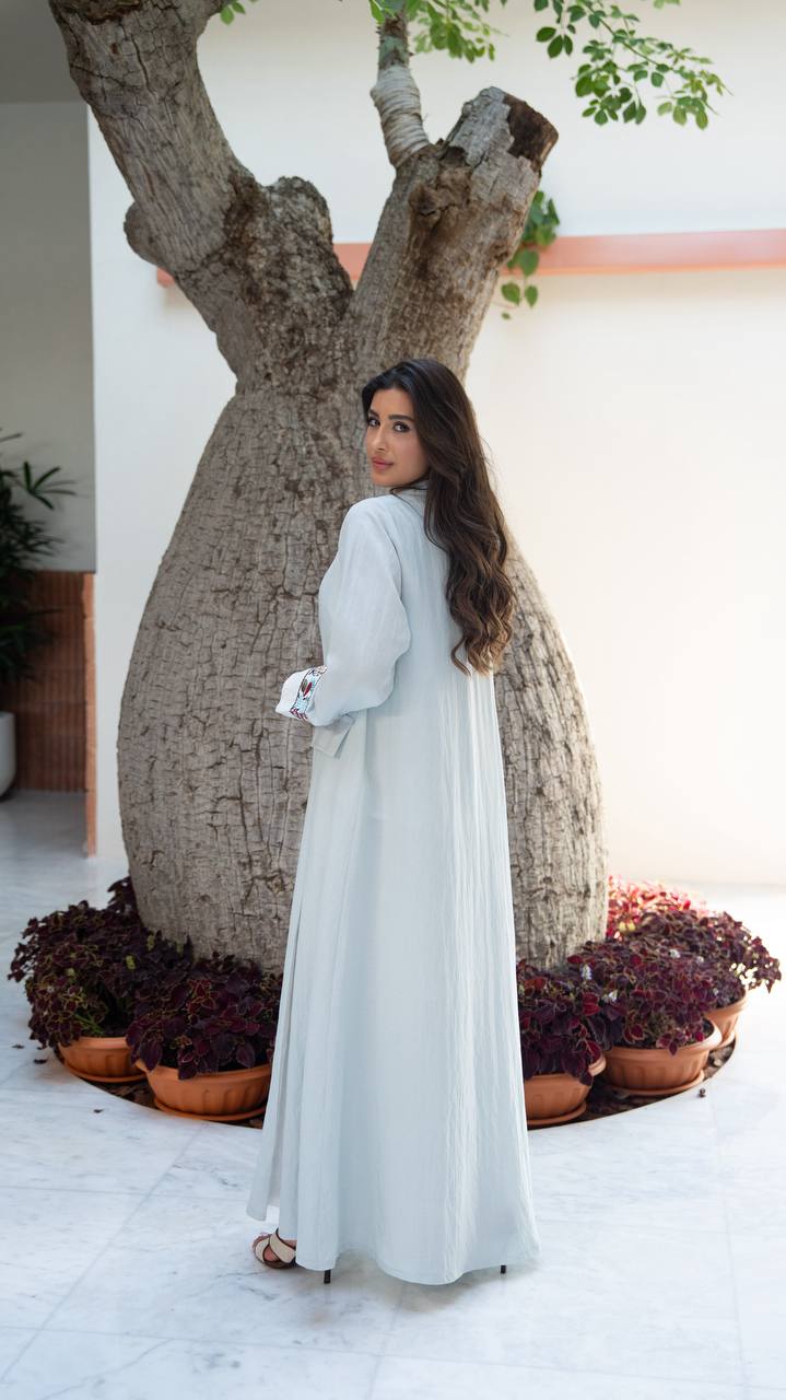 Blue linen blazer abaya with embroidery.C:410
