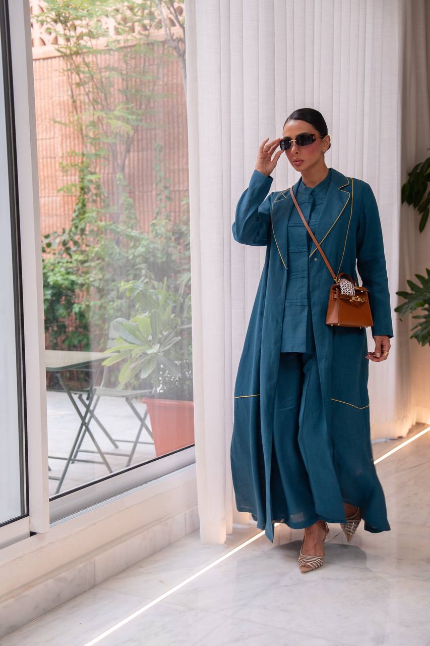 Turquoise linen abaya. C:424