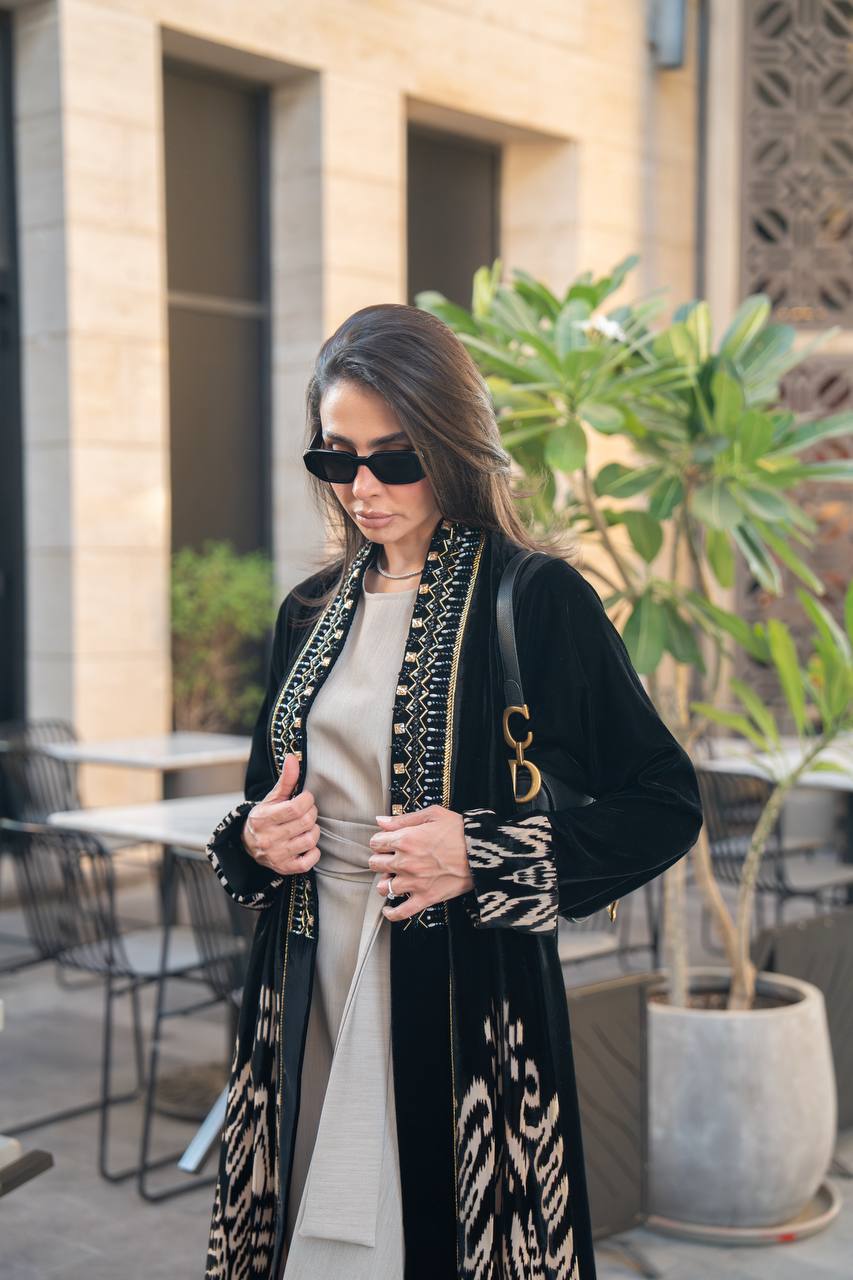 Black velvet abaya with hand embroidery. C:IB359