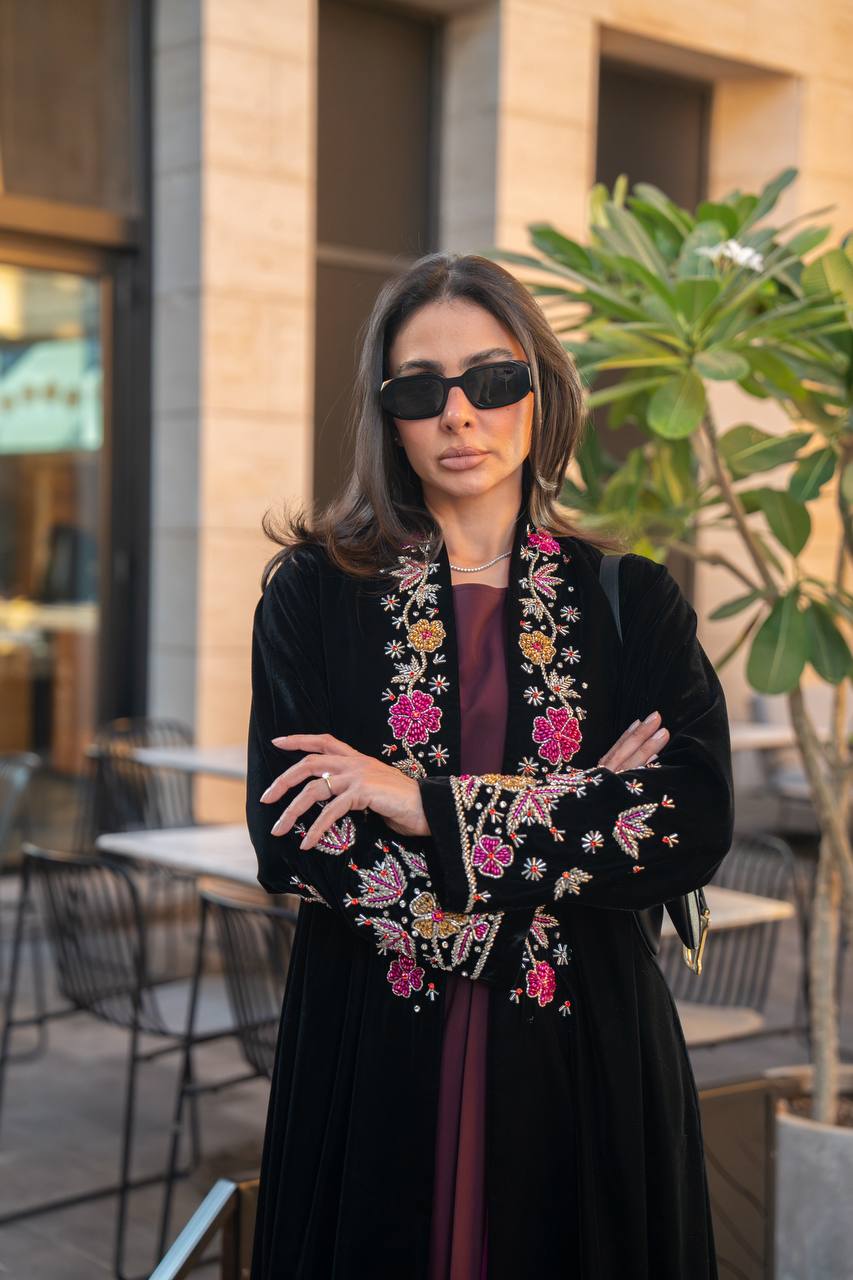 Black velvet abaya with hand embroidery. C:IB360