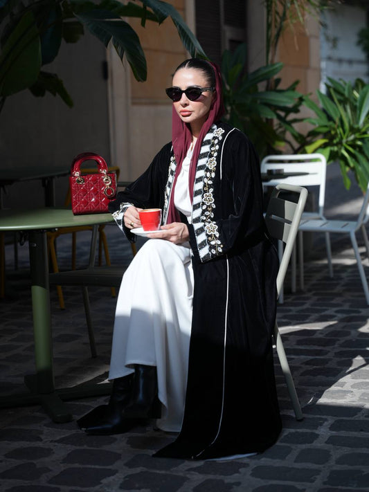 Black velvet abaya with hand embroidery. C:IB362