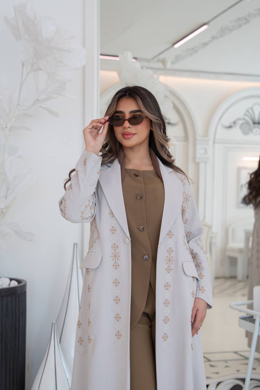 Crepe blazer abaya with beige embroidery. C:382