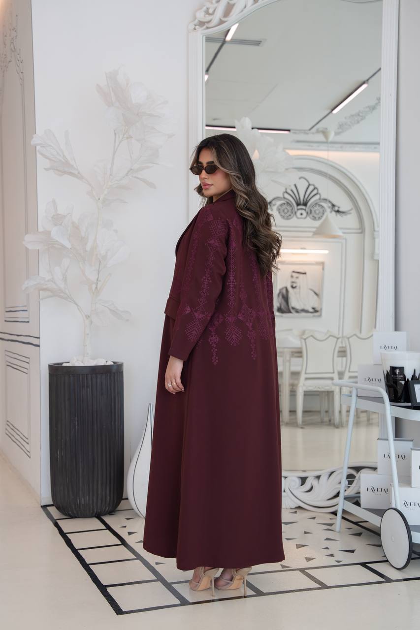 Burgundy crepe blazer abaya with embroidery.C:383