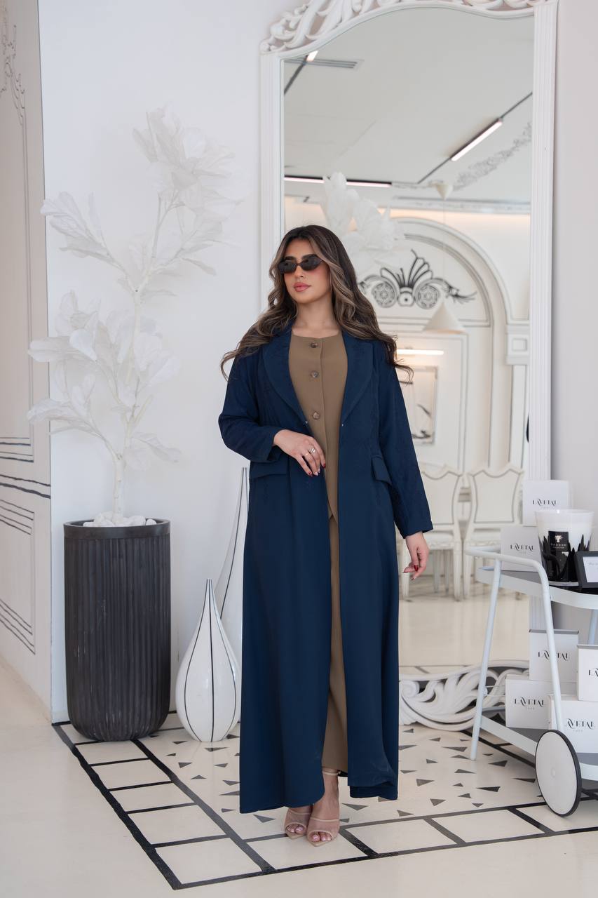 Navy blue crepe blazer abaya with embroidery. C:383 navy