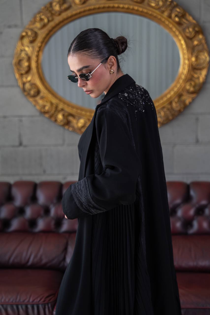 Crepe abaya with a flared skirt, embellished with beading and embroidery.C:392