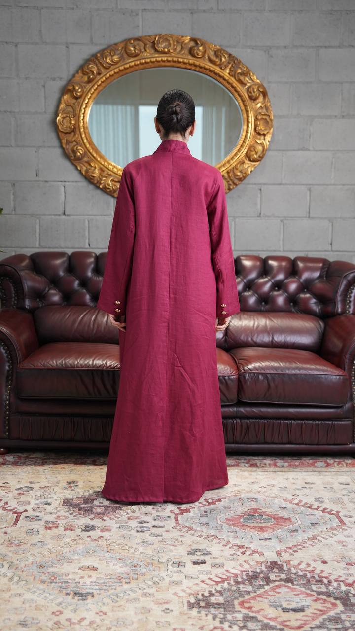 Burgundy linen trench coat. C:393