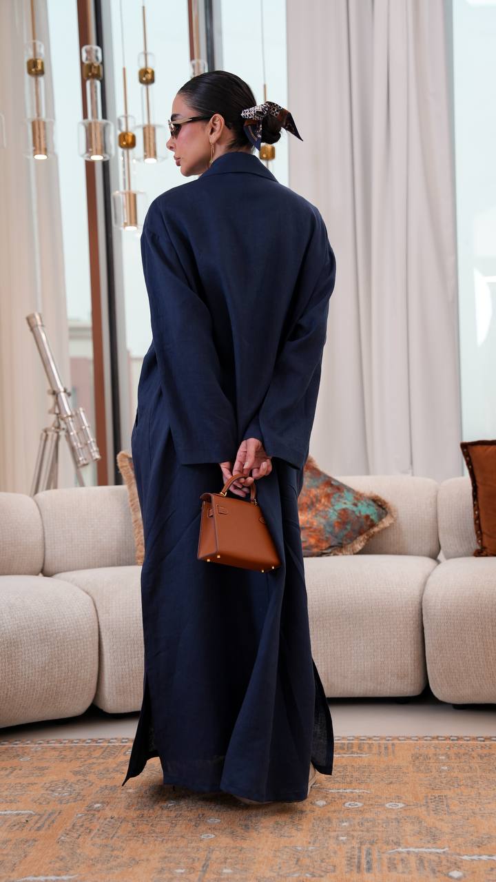 Free size linen trench coat in navy blue. C:401